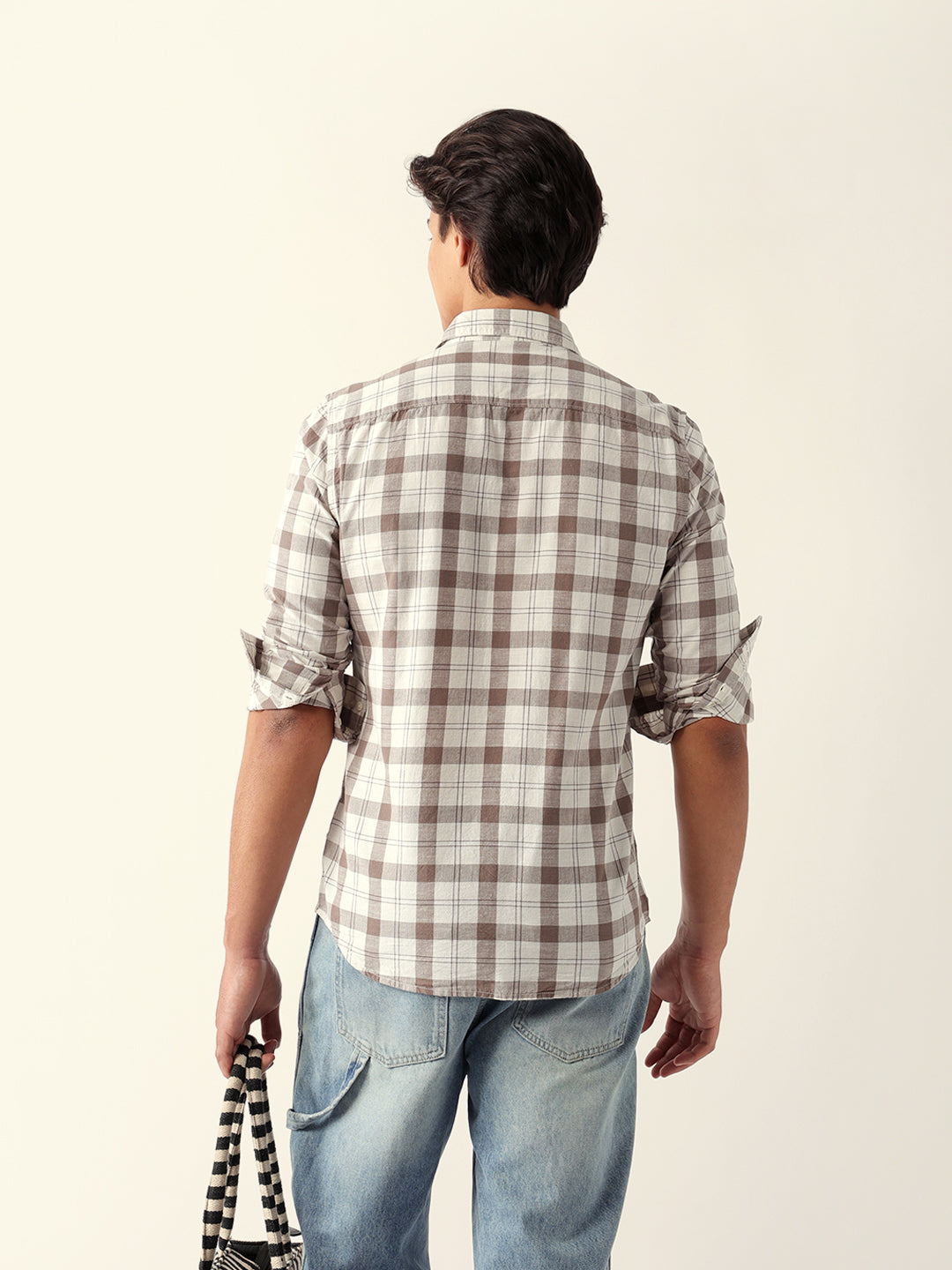 Cream & Brown Woven Checked Slim Fit Casual Shirt