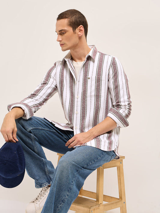 White Vertical Stripe Woven Flannel Slim Fit Casual Shirt