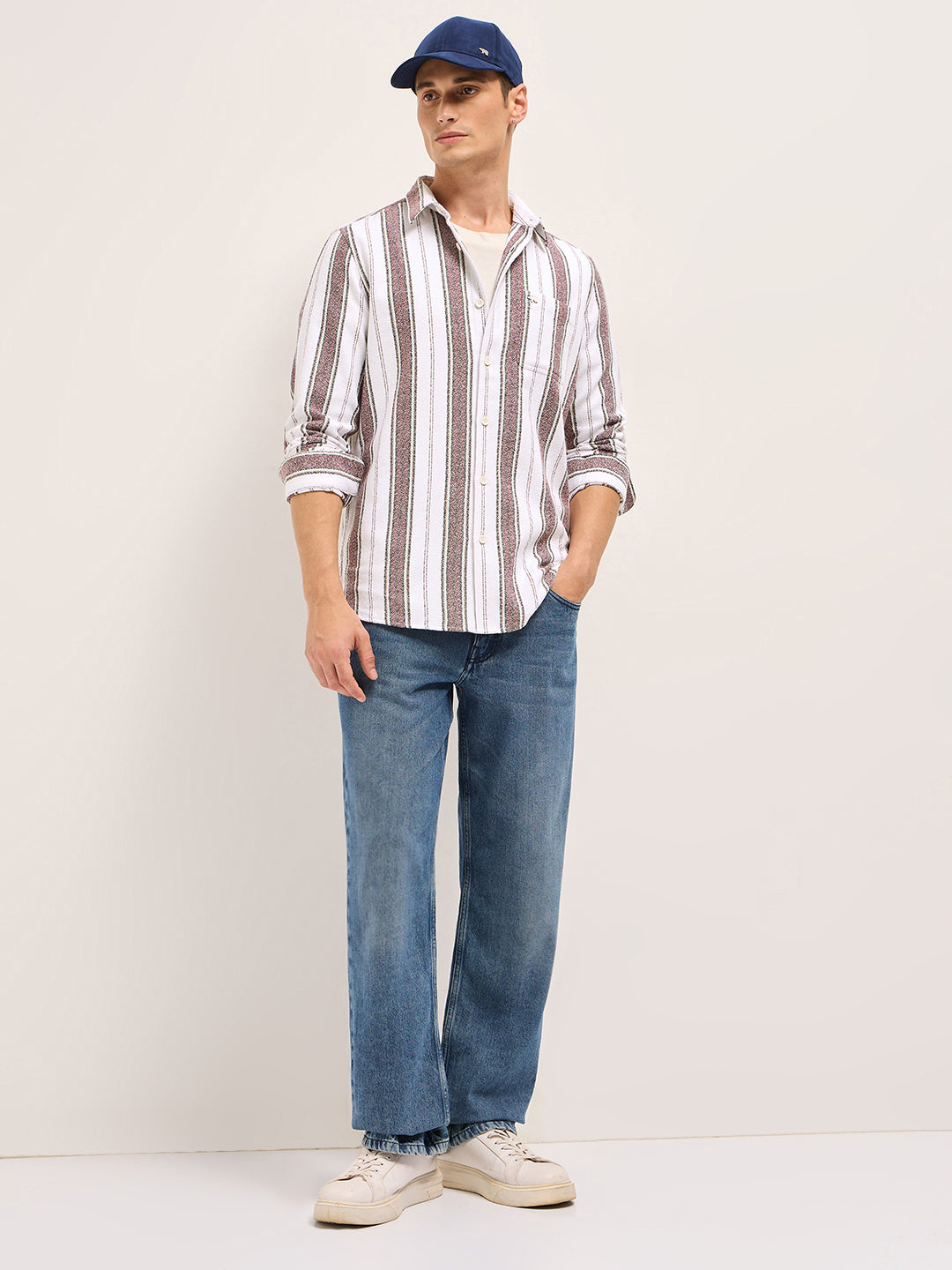 White Vertical Stripe Woven Flannel Slim Fit Casual Shirt