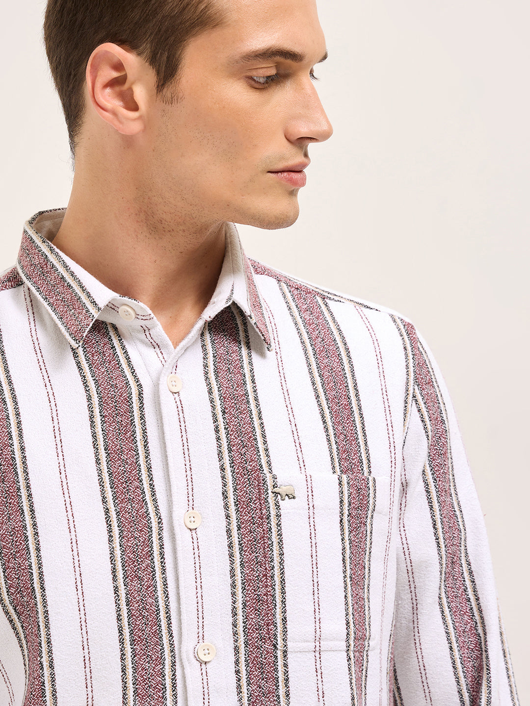White Vertical Stripe Woven Flannel Slim Fit Casual Shirt