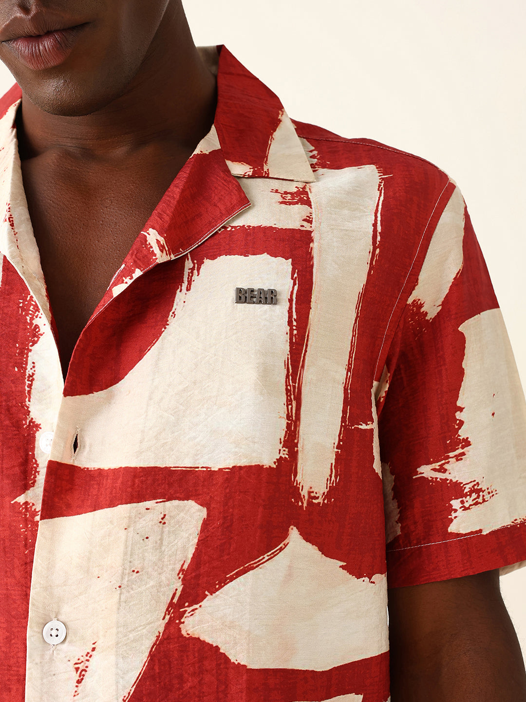 Red & Beige Abstract Brushstroke Printed Relaxed Fit Short Sleeve Shirt