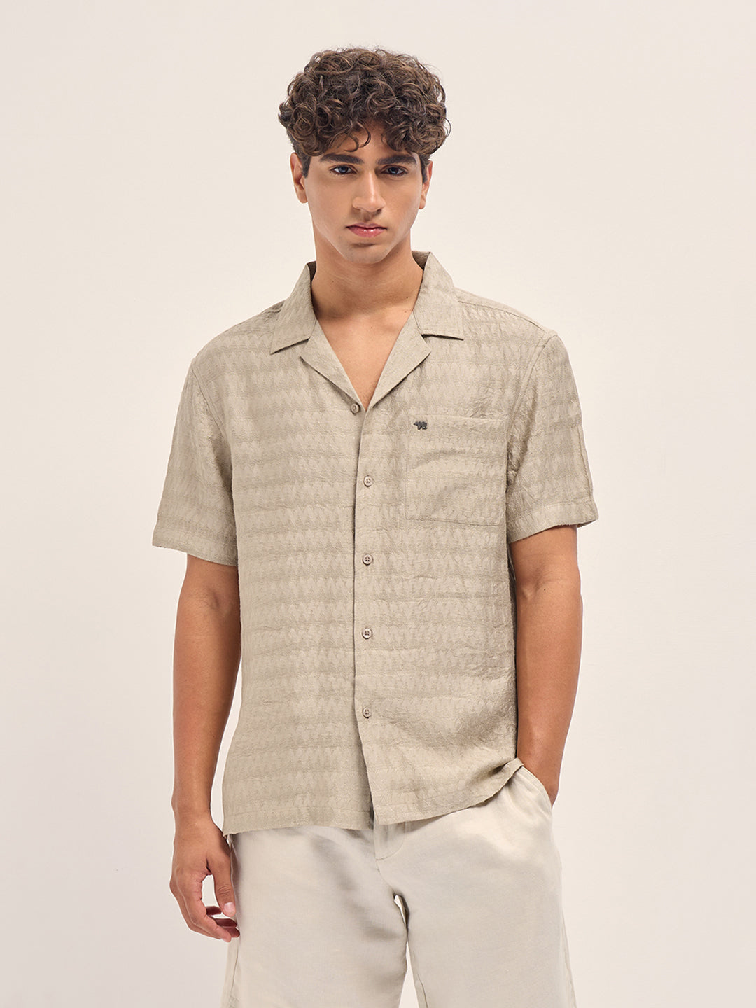 Beige Zigzag Textured Weave Relaxed Fit Half Sleeve Casual Shirt