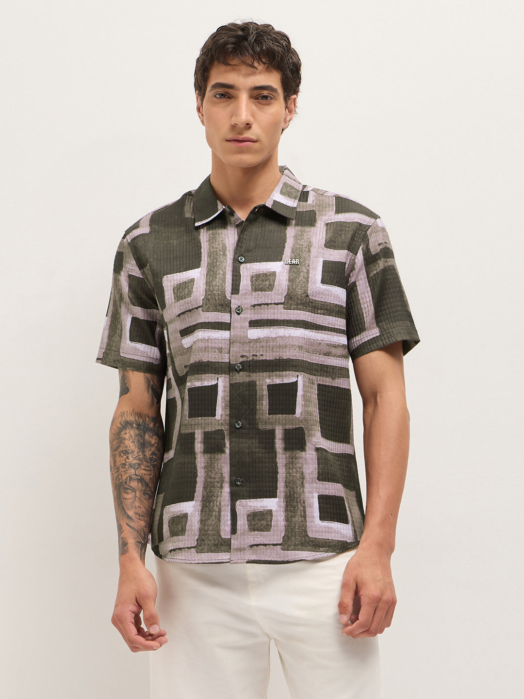 Multicolor Textured Check Geometric Digital Print Relaxed Fit Casual Shirt