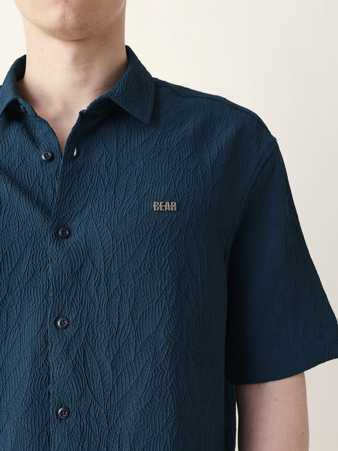 Dark Teal All-Over Textured Leaf Motif Oversized Shirt with Half Sleeves
