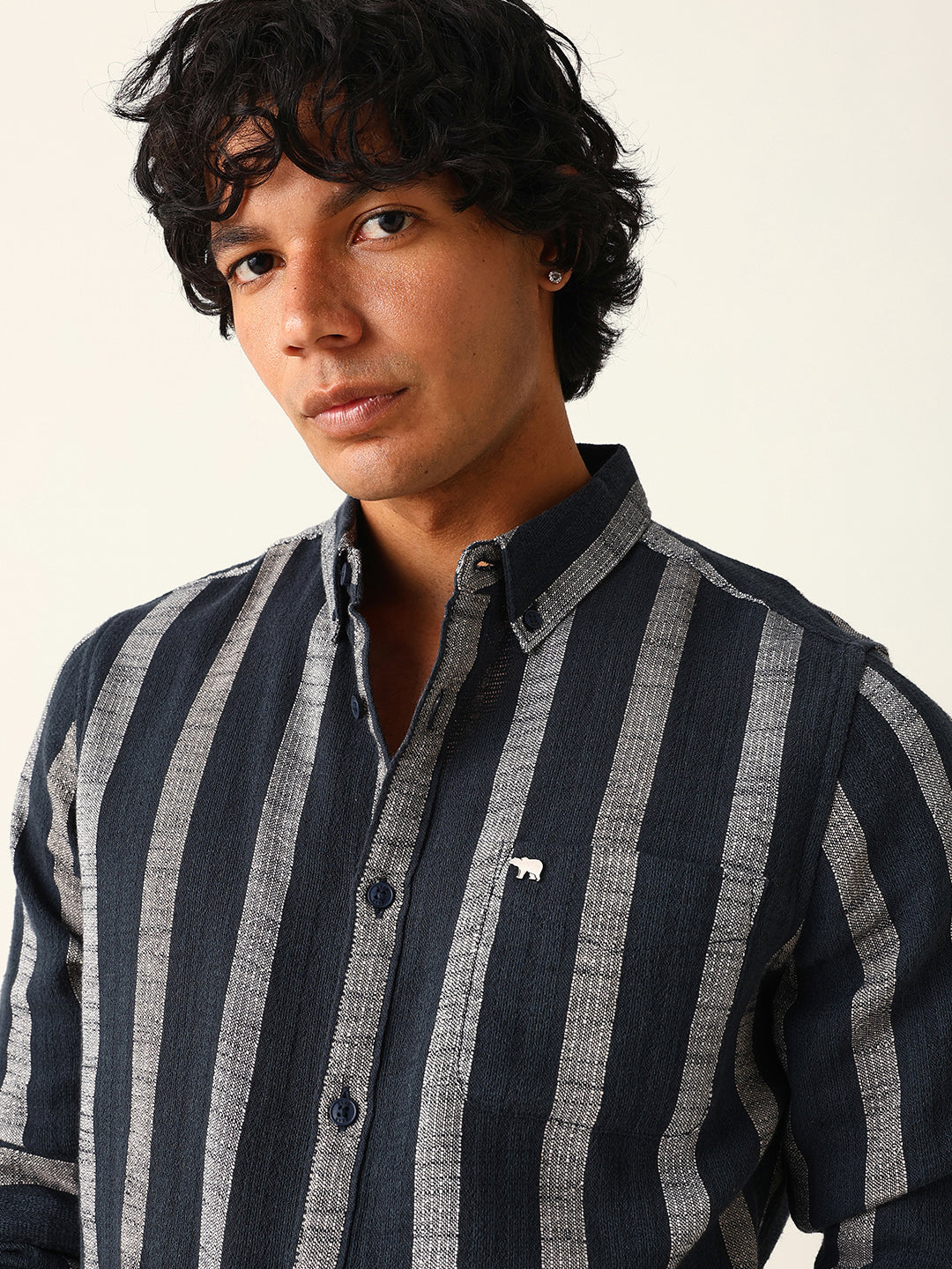 Black Woven Vertical Stripes Slim Fit Casual Shirt