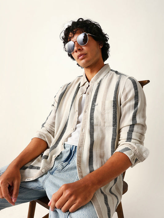 Cream Woven Vertical Stripes Slim Fit Casual Shirt