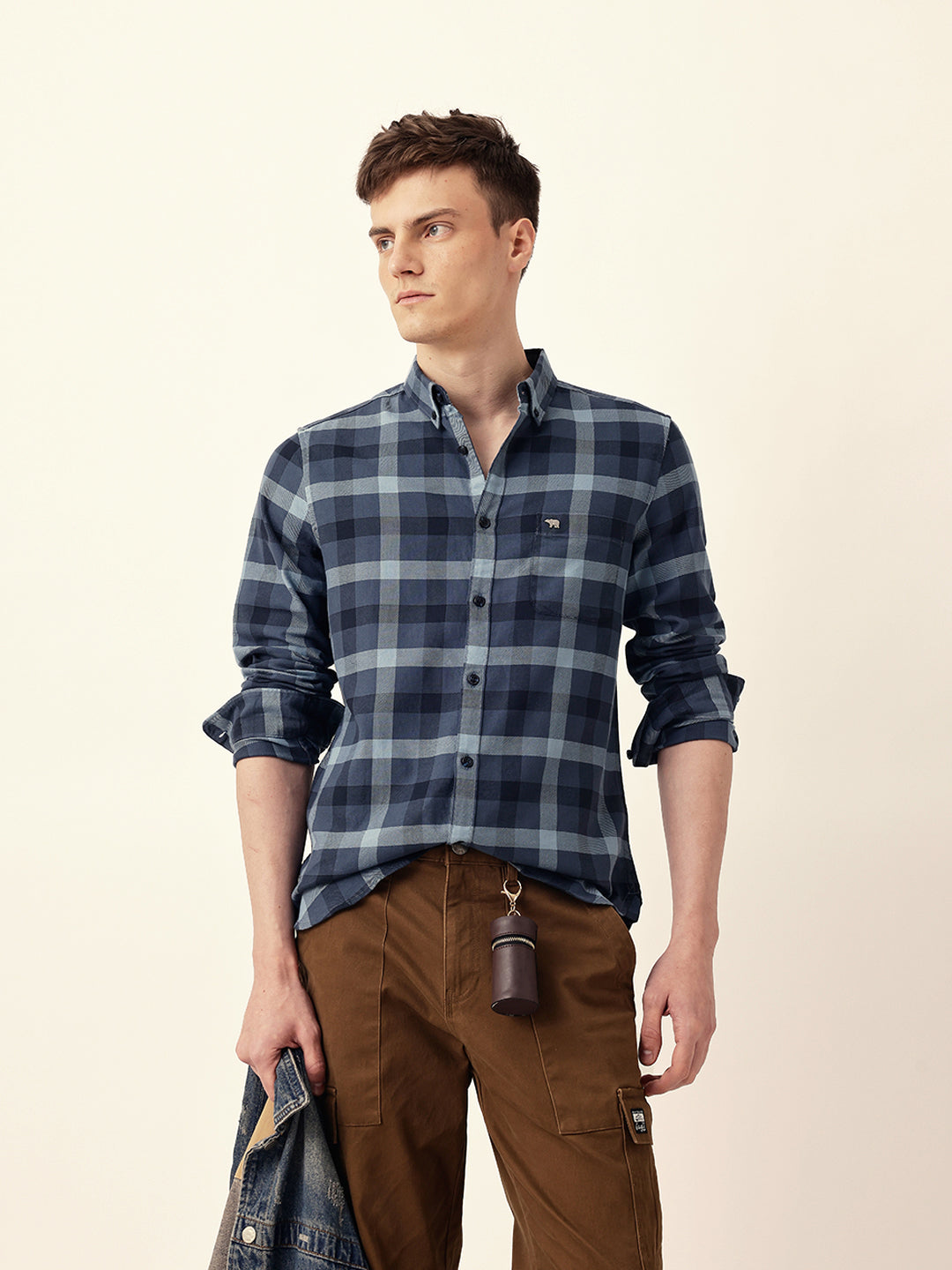 Blue Woven Tartan Checked Slim Fit Casual Shirt