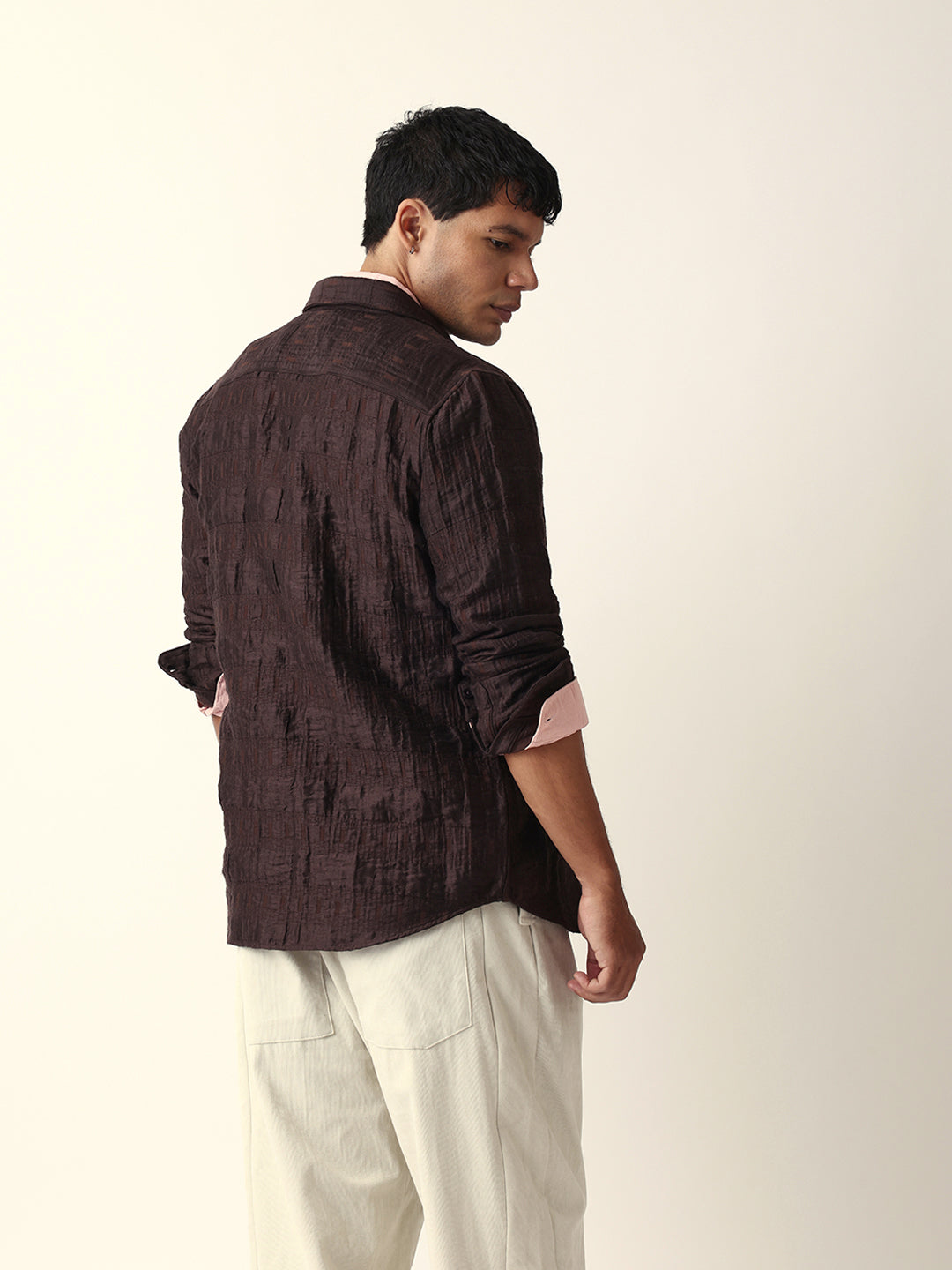 Brown Textured Woven Self-Design Slim Fit Casual Shirt
