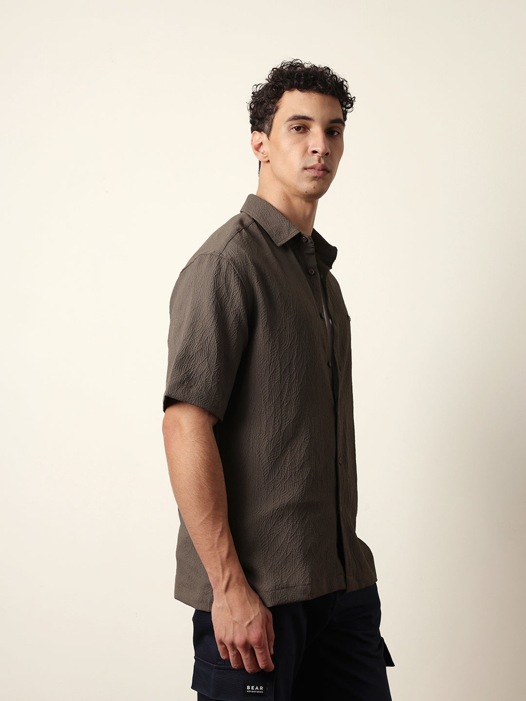 Olive All-Over Textured Leaf Motif Oversized Shirt with Half Sleeves