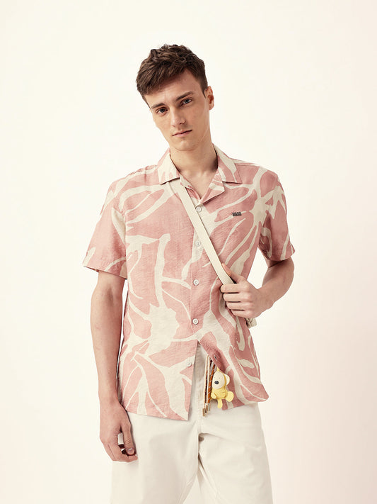 Pink with Cream Relaxed Fit Abstract Stroke Print Half Sleeve Casual Shirt