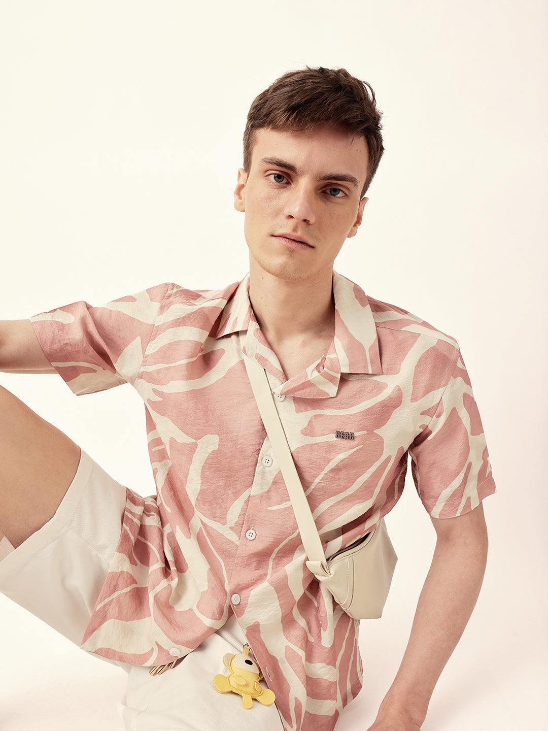 Pink with Cream Relaxed Fit Abstract Stroke Print Half Sleeve Casual Shirt