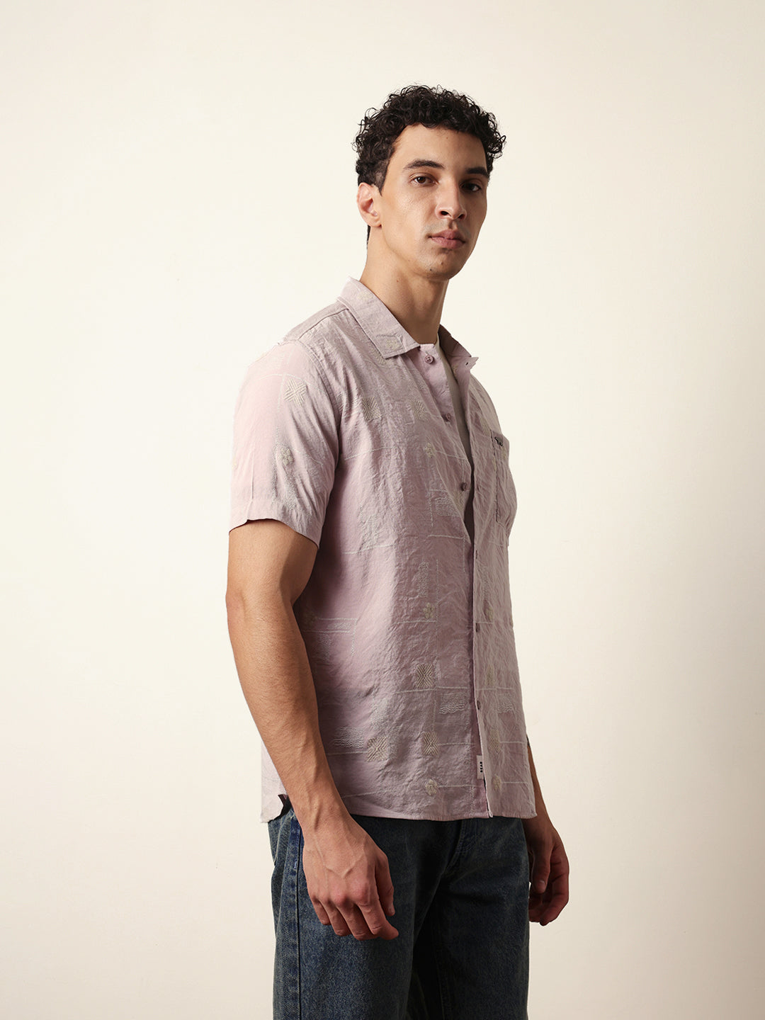 Pink Embroidered Motif Regular Fit Casual Shirt