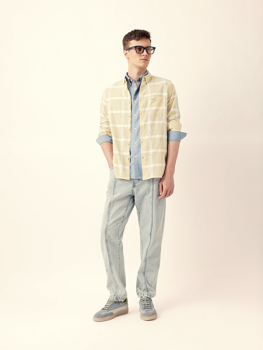 Light Yellow Woven Windowpane Check Slim Fit Casual Shirt