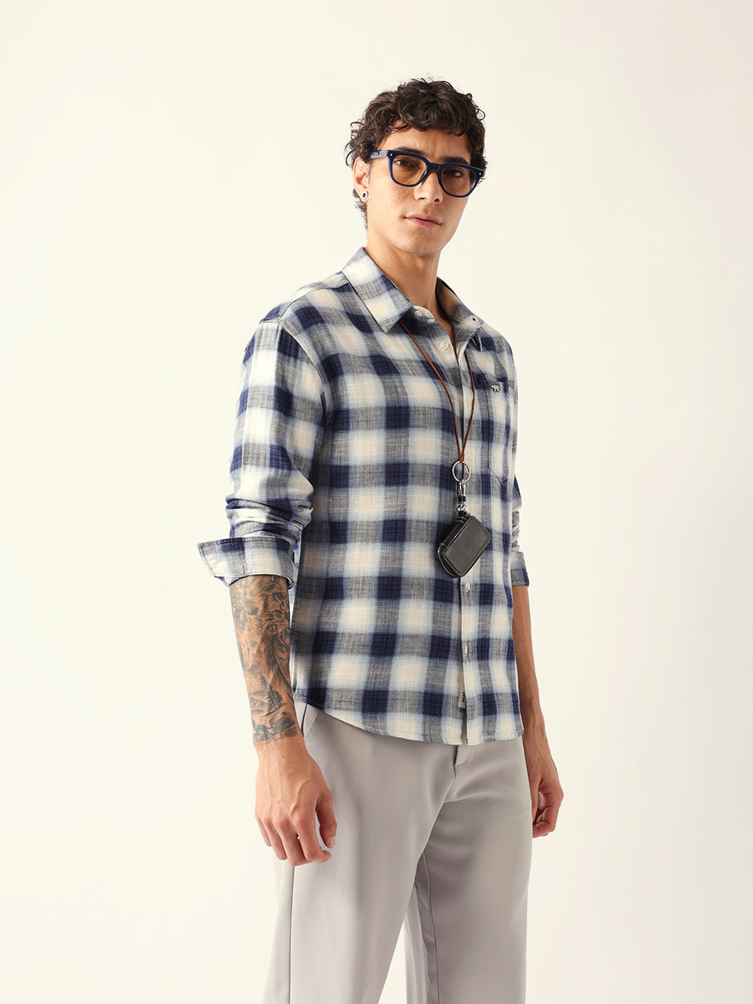Blue & White Herringbone Check Relaxed Fit Overshirt
