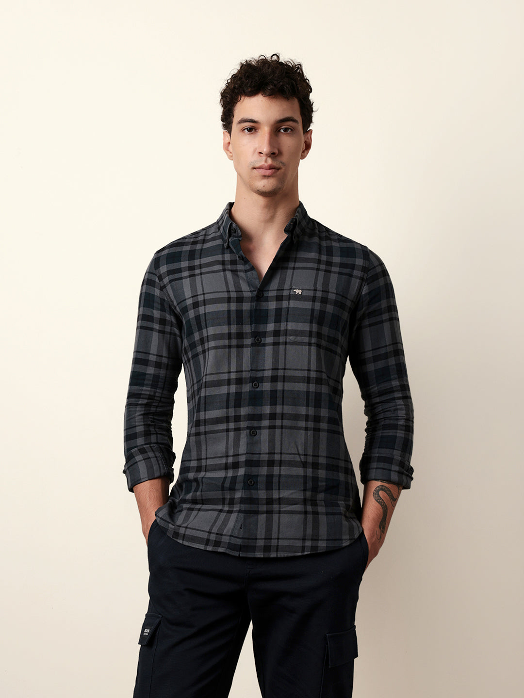 Grey Slim Fit Woven Check Casual Shirt