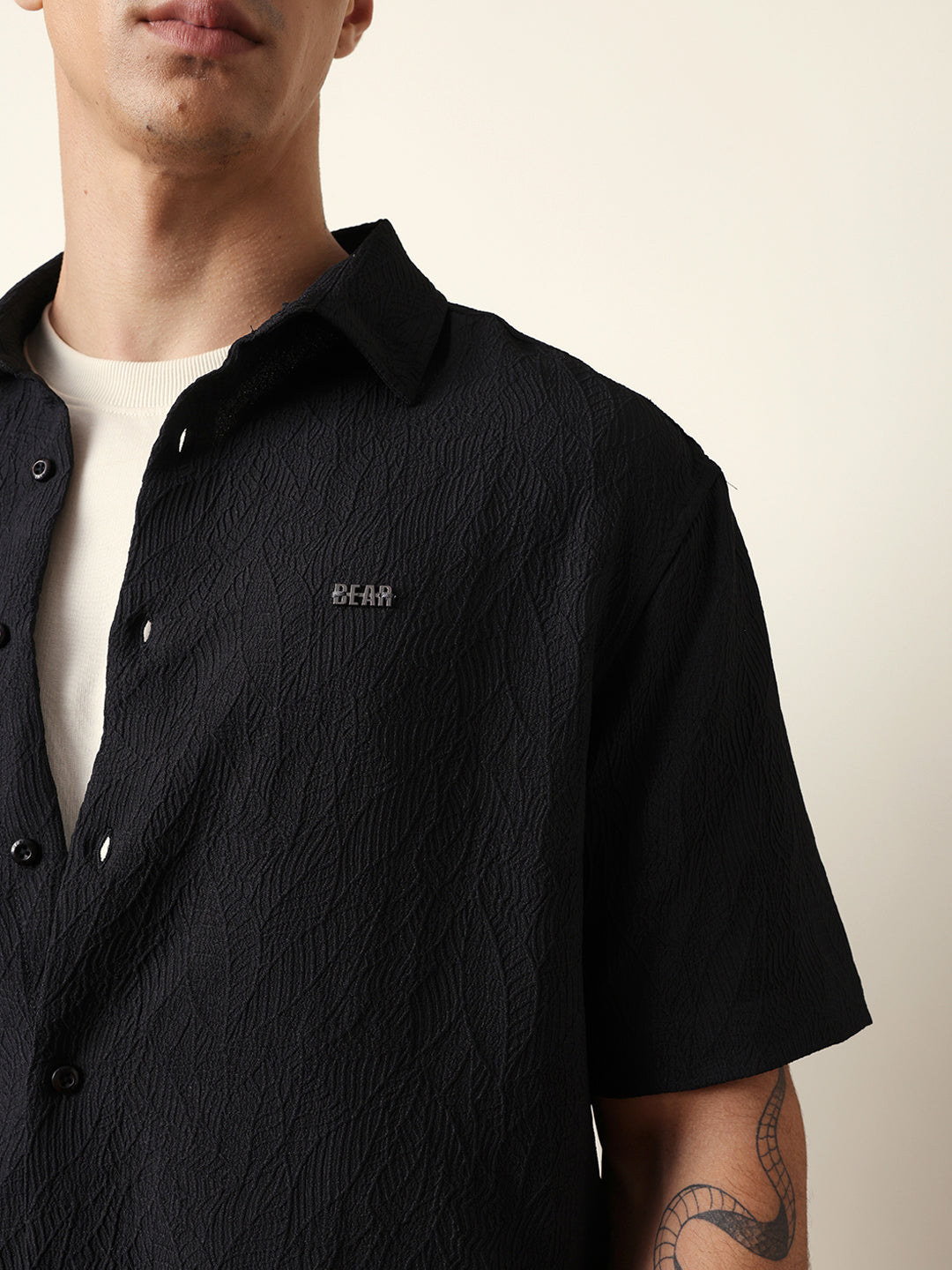 Black All-Over Textured Leaf Motif Oversized Shirt with Half Sleeves