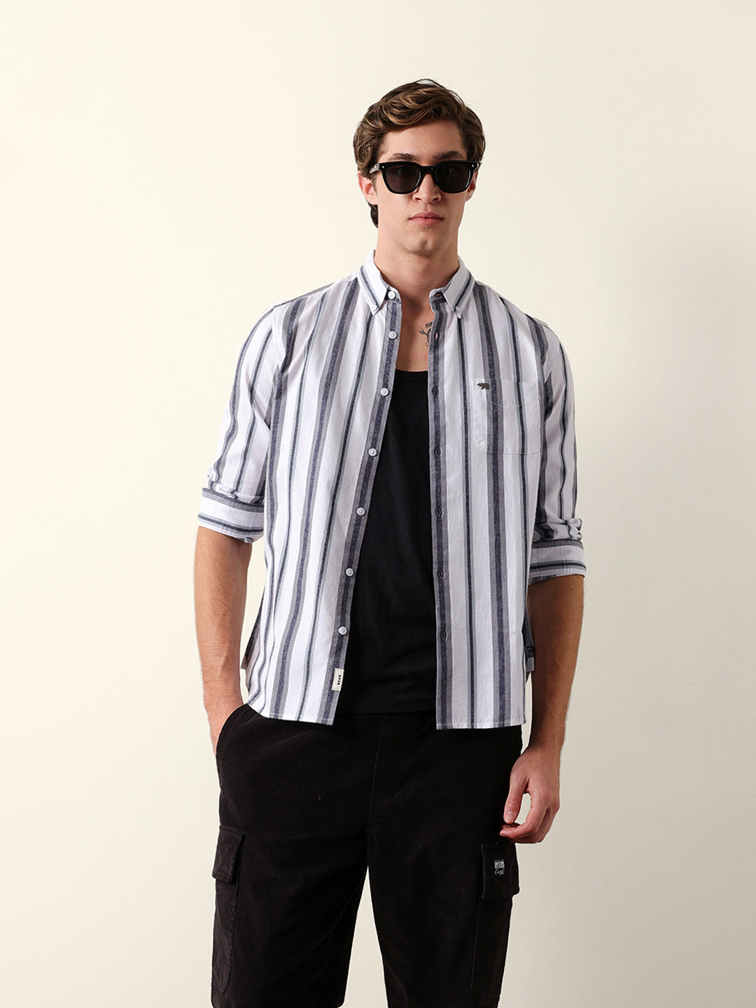 White & Grey Vertical Stripes Slim Fit Cotton Casual Shirt