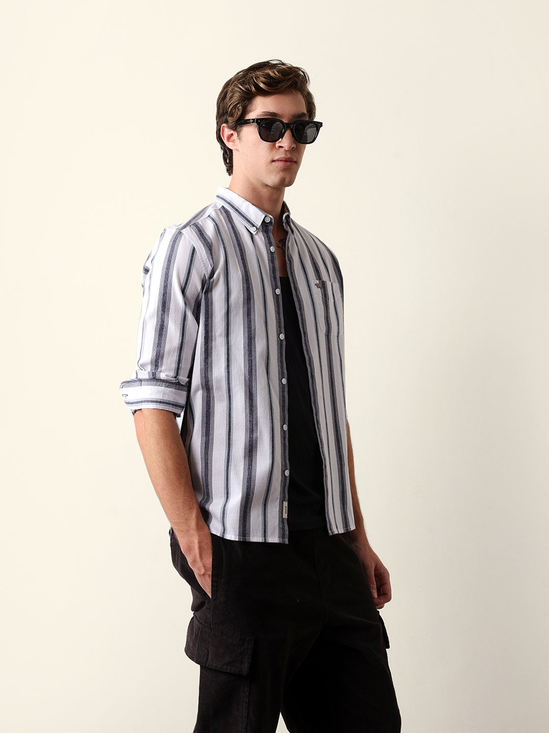 White & Grey Vertical Stripes Slim Fit Cotton Casual Shirt