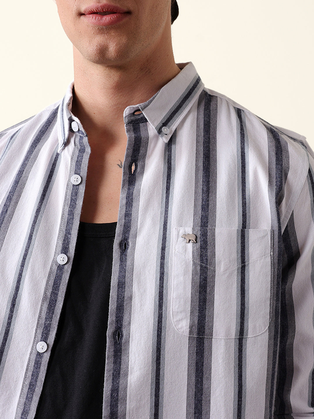 White & Grey Vertical Stripes Slim Fit Cotton Casual Shirt