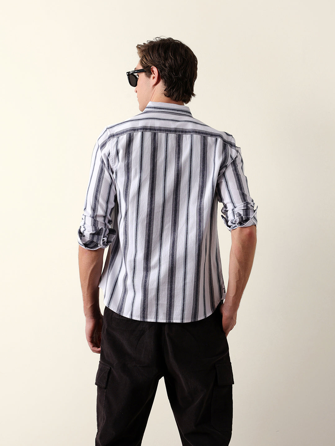 White & Grey Vertical Stripes Slim Fit Cotton Casual Shirt