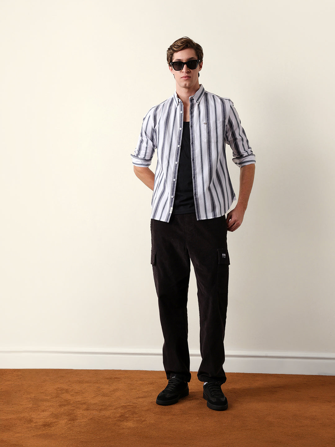 White & Grey Vertical Stripes Slim Fit Cotton Casual Shirt