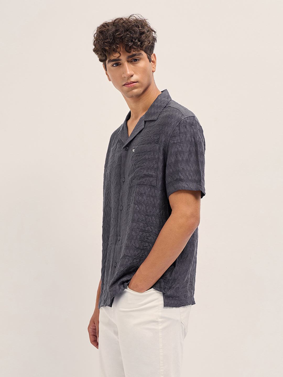 Grey Zigzag Textured Weave Relaxed Fit Half Sleeve Casual Shirt