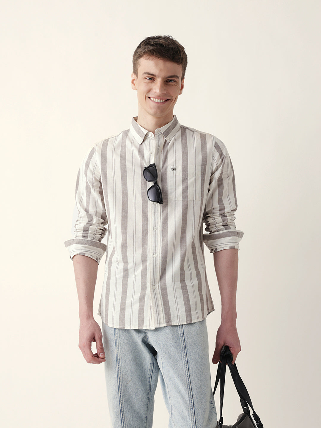 Cream with Brown Woven Vertical Stripes Slim Fit Casual Shirt