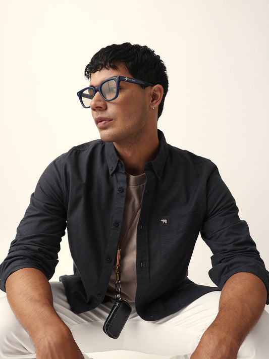 Black Solid Slim-Fit Casual Shirt with Button-Down Collar