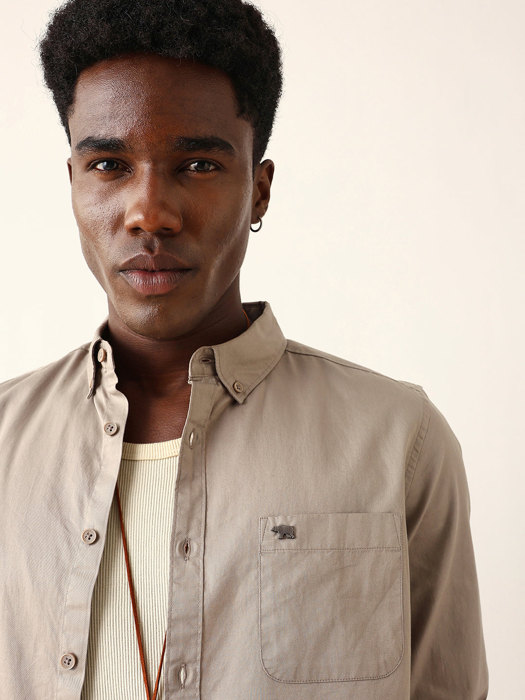 Light Brown Cotton Solid Slim Fit Casual Shirt