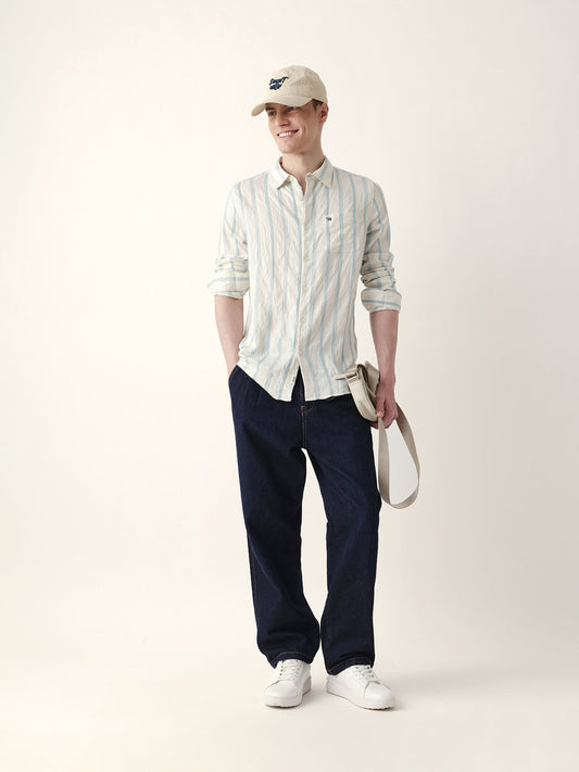 Teal & Cream Seersucker Vertical Pinstripe Slim Fit Casual Shirt