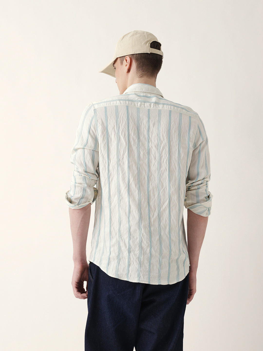 Teal & Cream Seersucker Vertical Pinstripe Slim Fit Casual Shirt