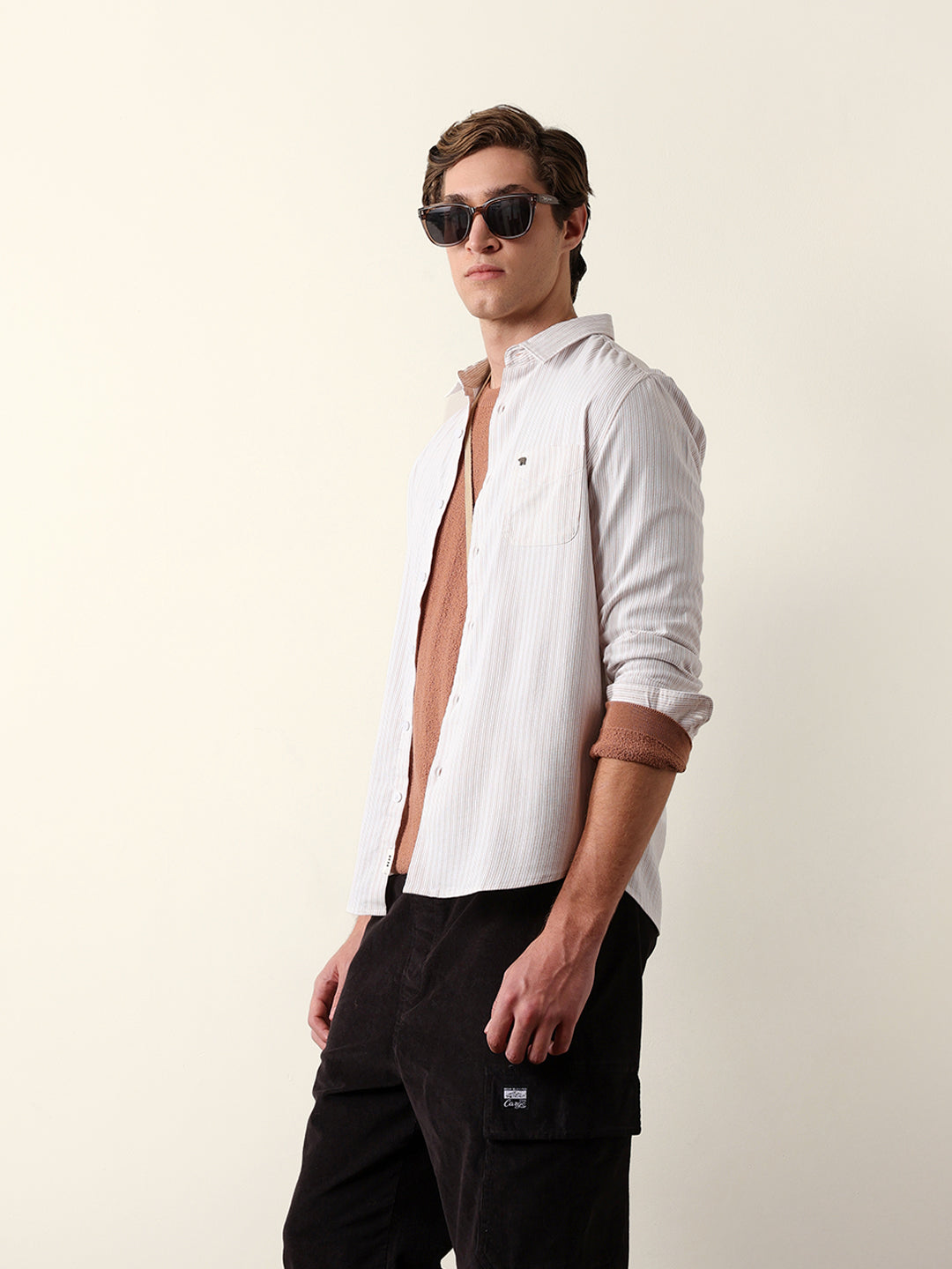 Beige & White Slim-Fit Casual Shirt with Vertical Pine Stripes