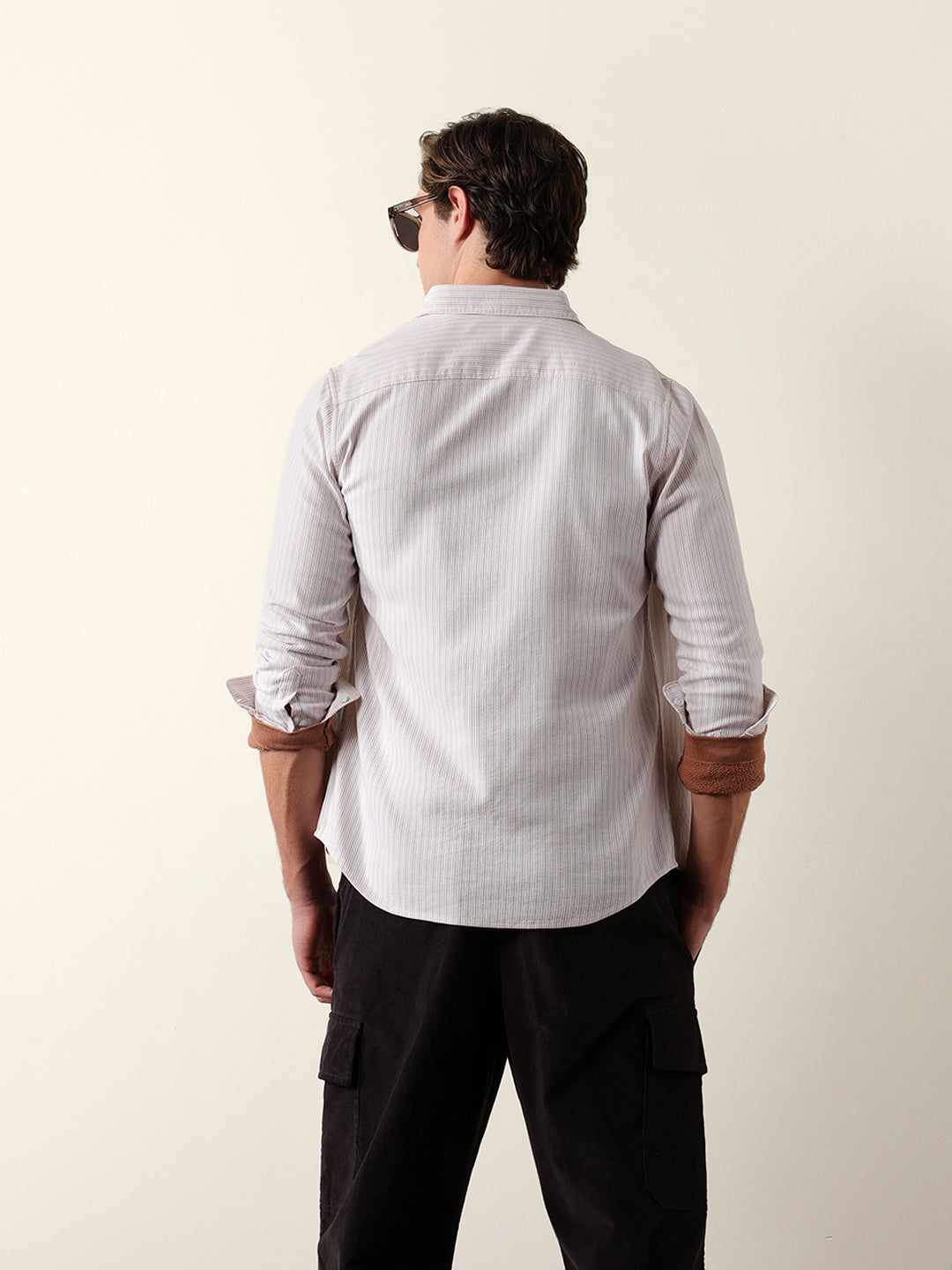Beige & White Slim-Fit Casual Shirt with Vertical Pine Stripes