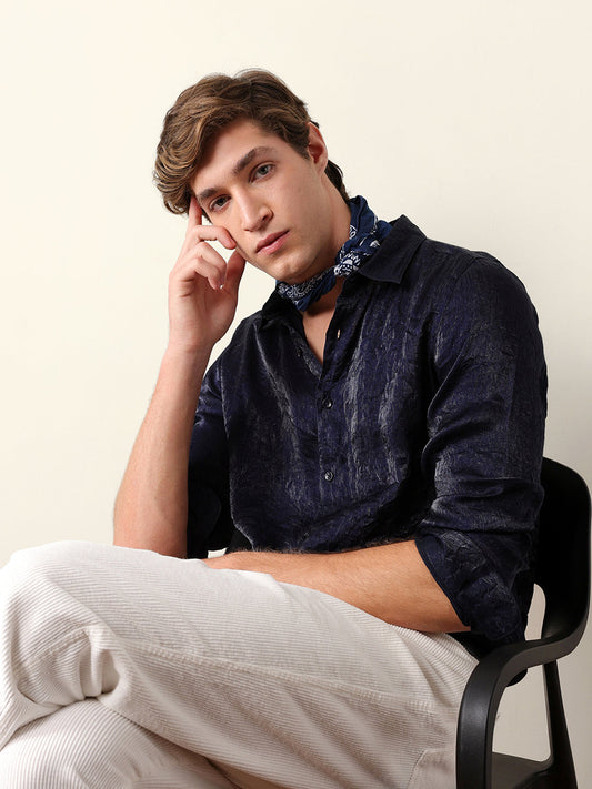 Navy Regular Fit Casual Shirt with Crinkle Effect & Subtle Sheen Finish