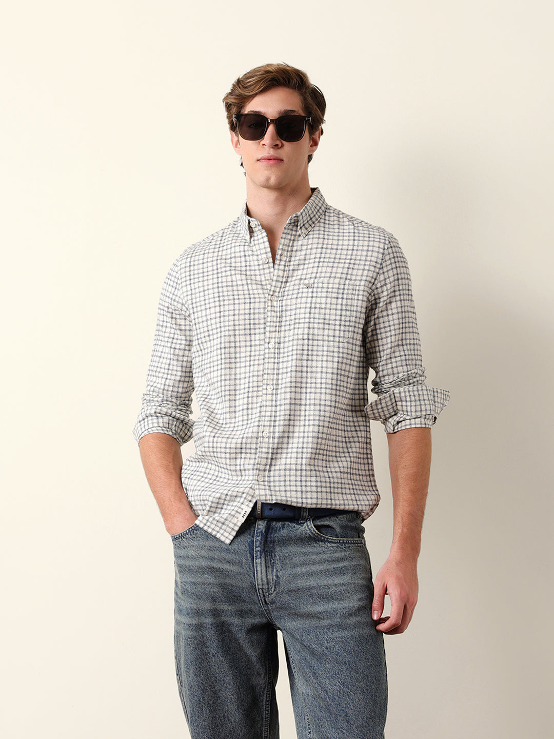 White Woven Check Slim Fit Casual Shirt