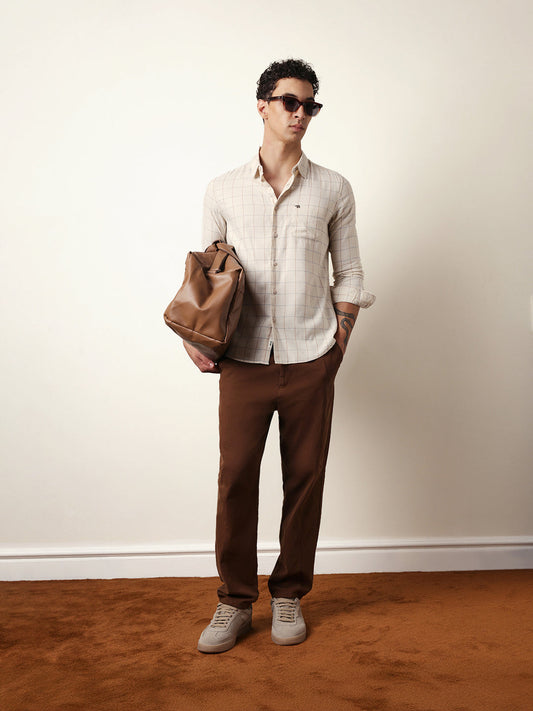 Cream Slim Fit Casual Shirt with Woven Block Checks