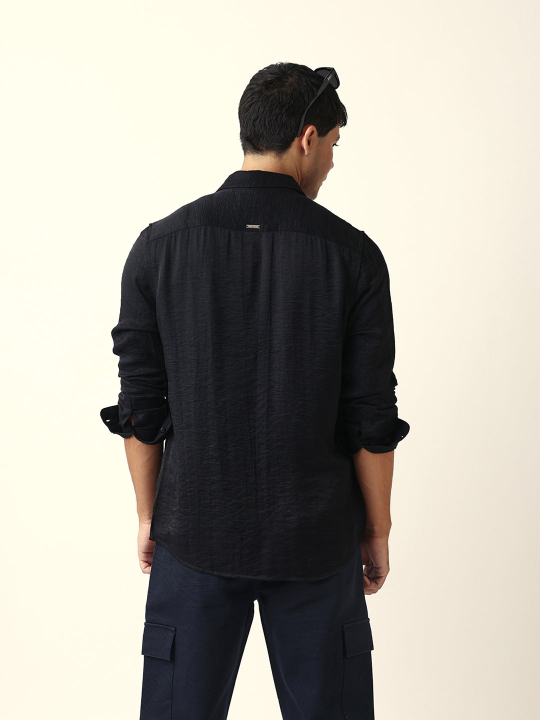Black Crinkle Textured Slim Fit Casual Shirt