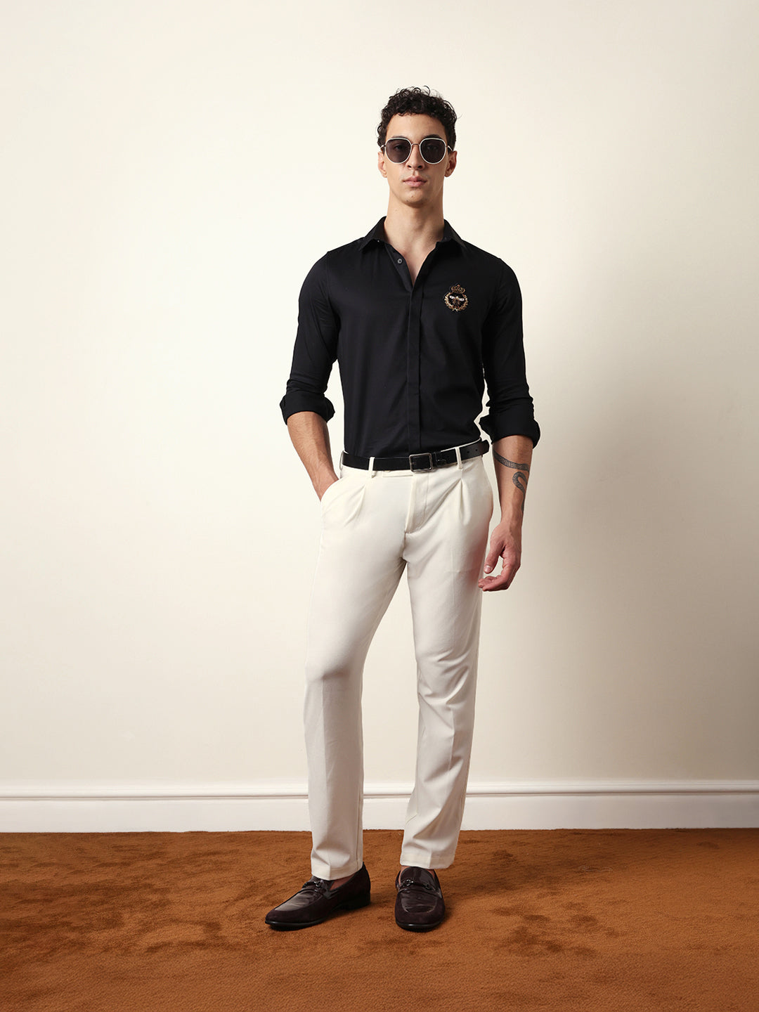 Black Tailored Fit Formal Party Shirt with Regal Crest Embroidery