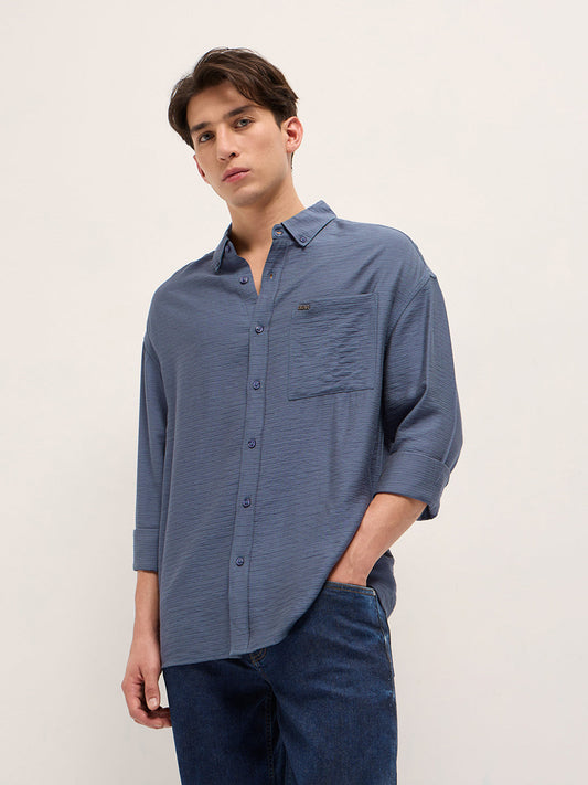 Blue Viscose Herringbone Design Relax Fit Casual shirt