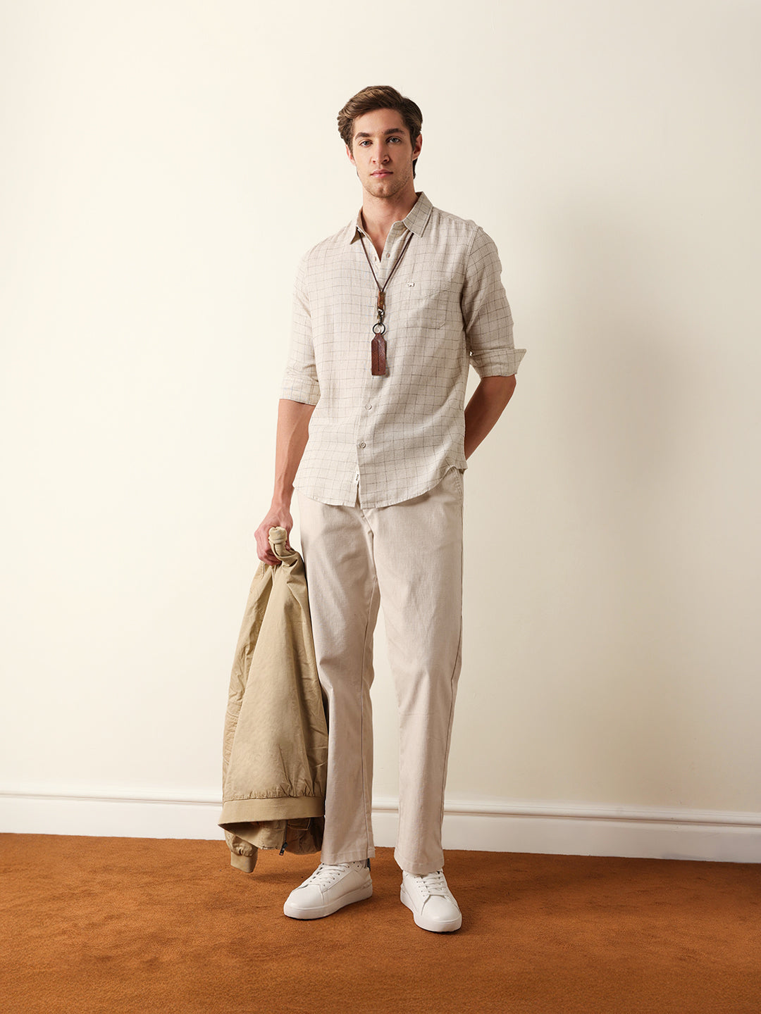 Cream Slim Fit Casual Shirt with Woven Block Check Pattern