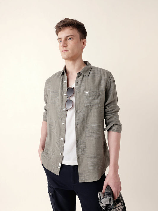 Green Woven Patch Block Check Slim Fit Casual Shirt