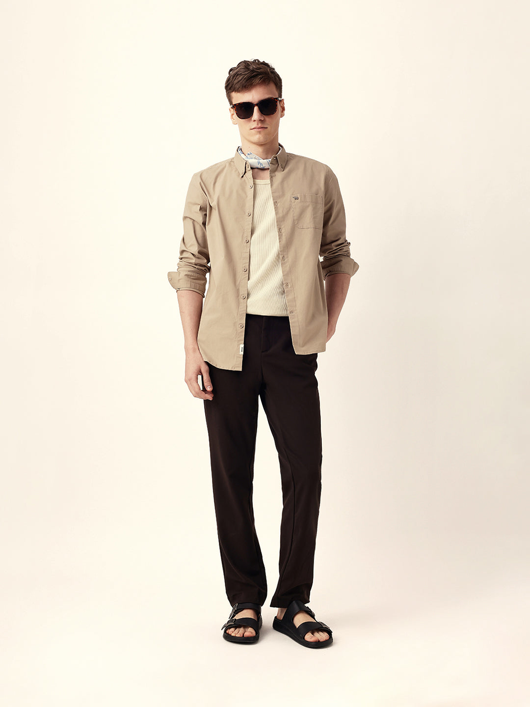 Beige Solid Slim Fit Casual Shirt with Button-Down Collar