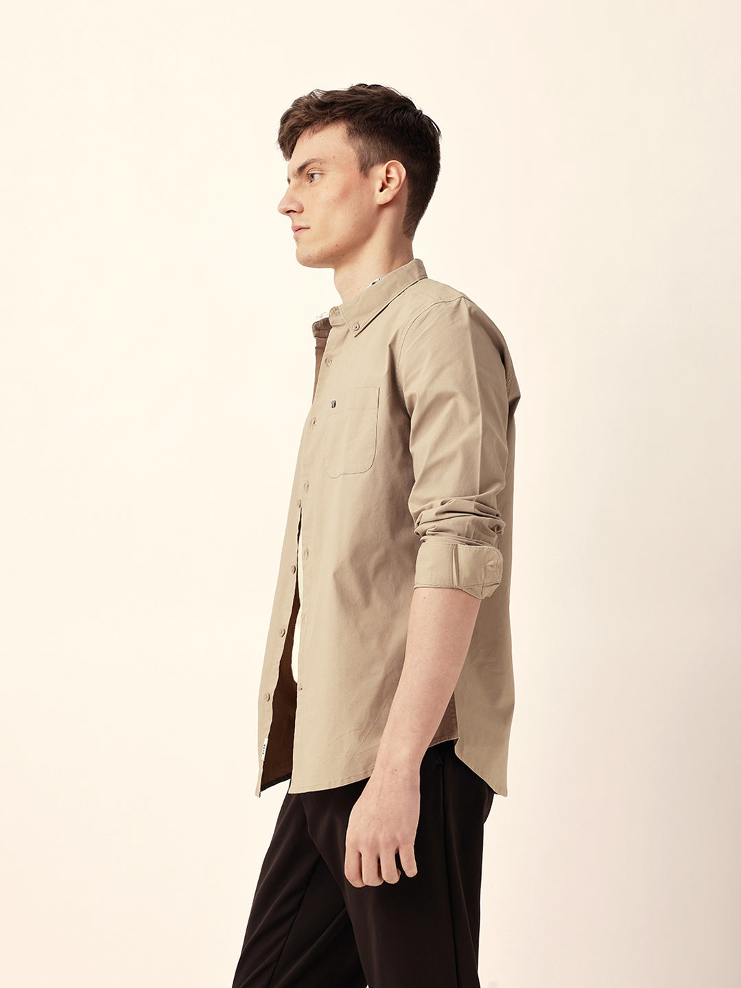 Beige Solid Slim Fit Casual Shirt with Button-Down Collar