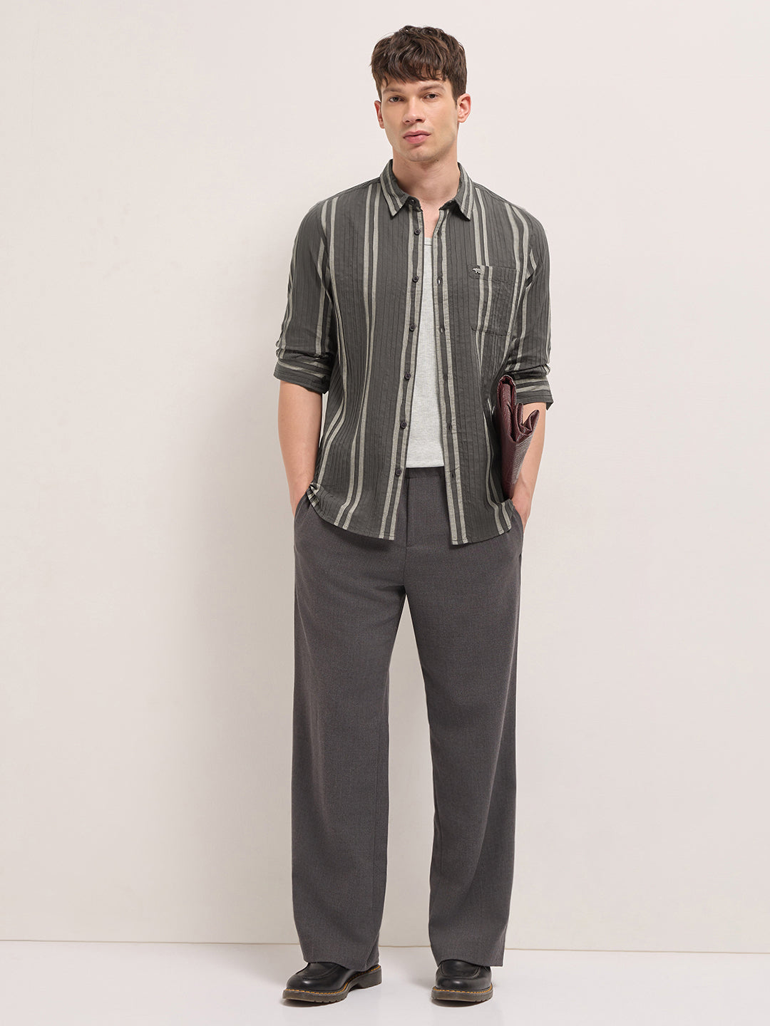 Grey Slim Fit Casual Shirt with Woven Vertical Textured Stripes