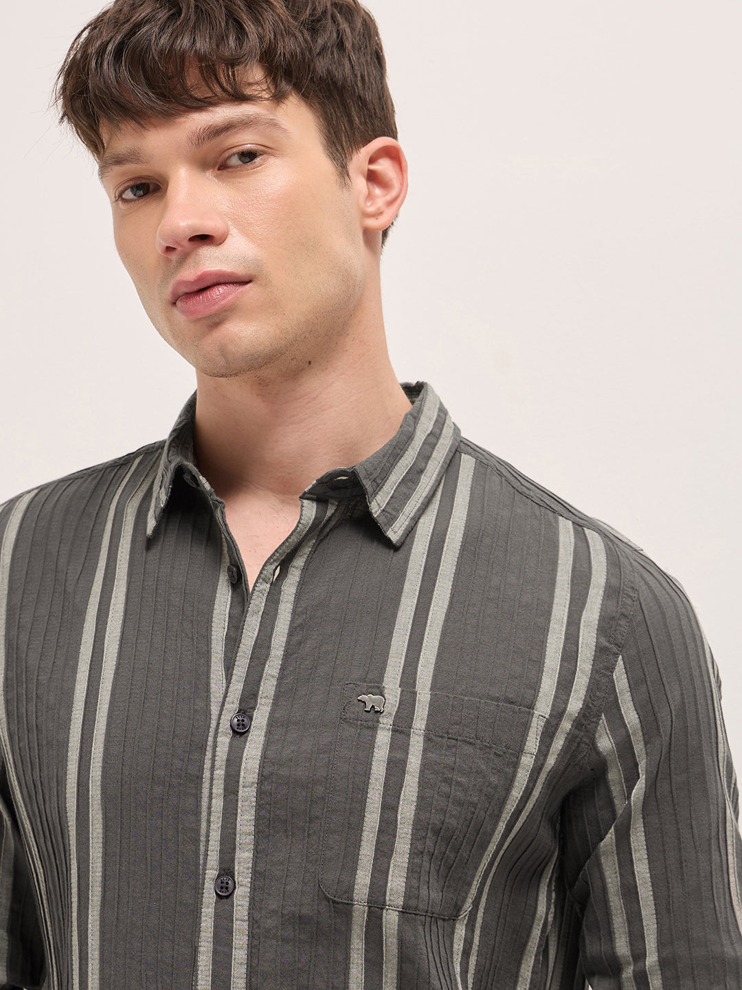 Grey Slim Fit Casual Shirt with Woven Vertical Textured Stripes