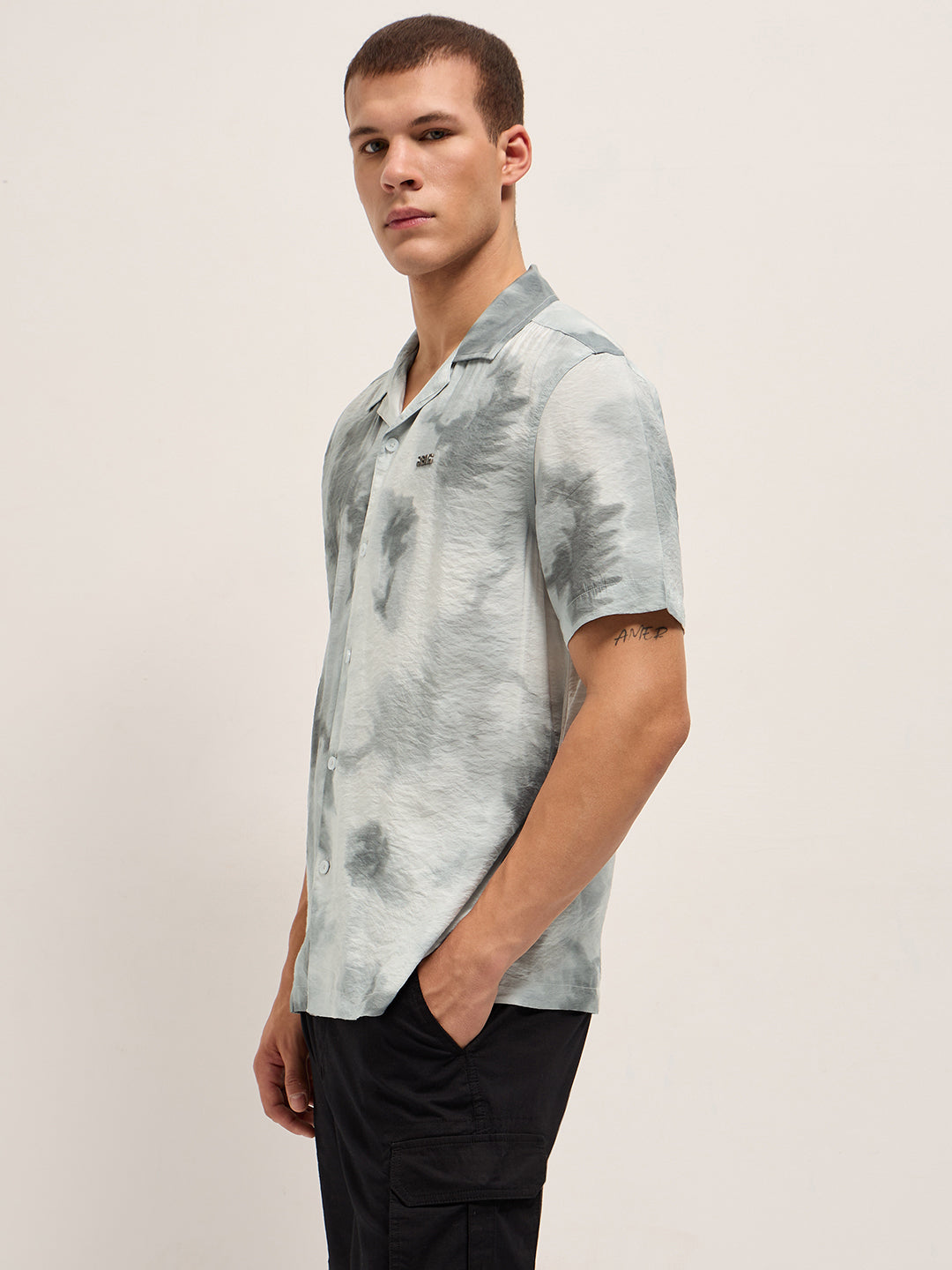 Light Grey Faded Abstract Print Relaxed Fit Cuban Collar Shirt
