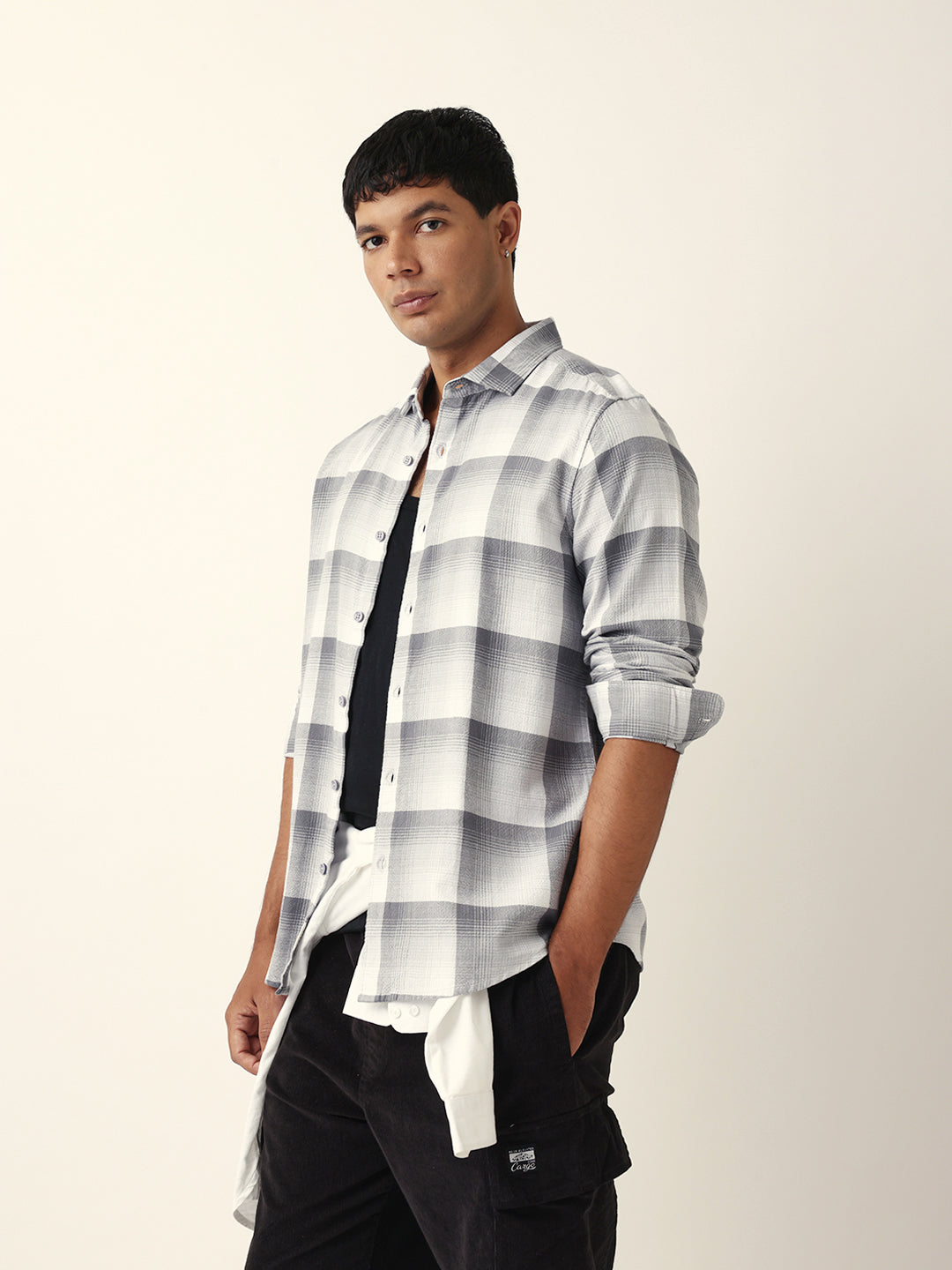 Grey with White Woven Checkered Slim Fit Casual Shirt