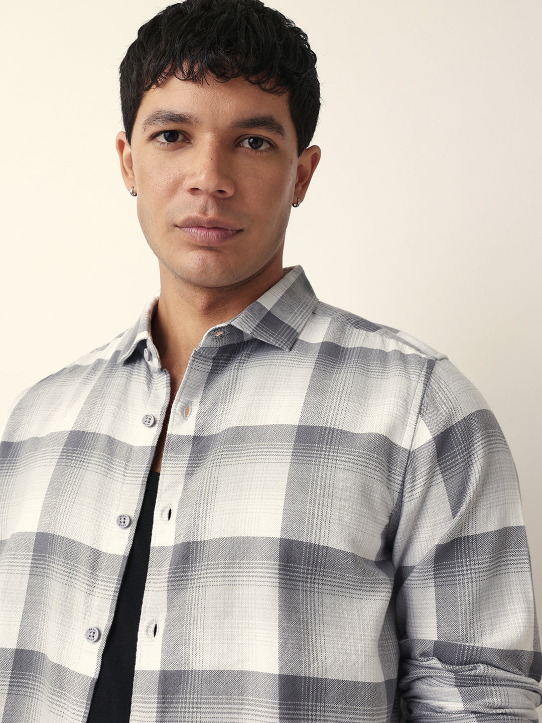 Grey with White Woven Checkered Slim Fit Casual Shirt