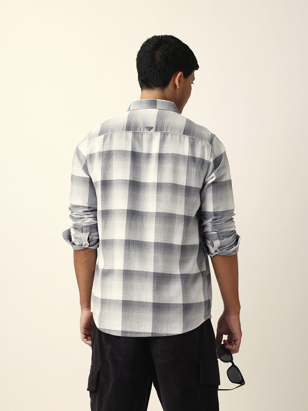 Grey with White Woven Checkered Slim Fit Casual Shirt