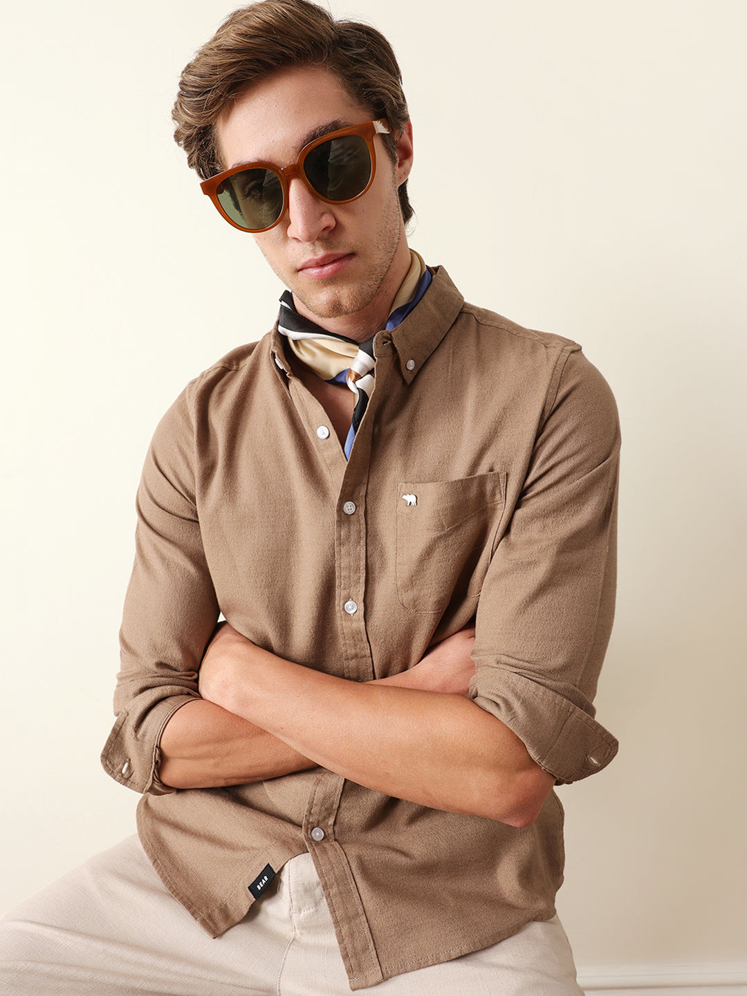Beige Solid Slim Fit Cotton Casual Shirt